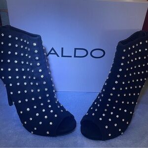 Aldo Black Peep-Toe Studded Heeled Boots